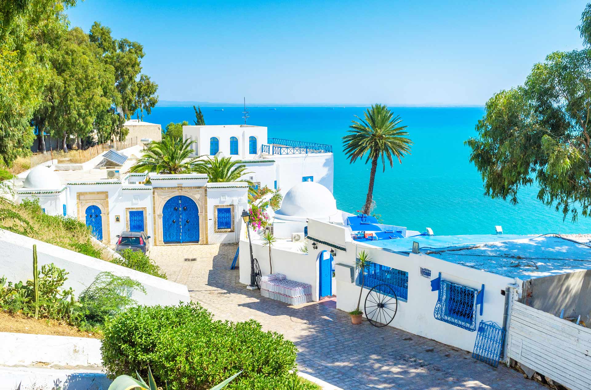 Café des Délices mit seinem traumhaften Ausblick auf den Hafen in Sidi Bousaid in Tunesien