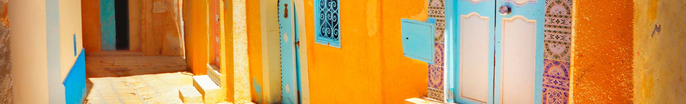 Bunte Häuser mit blauen Türen in Altstädten in Tunesien
