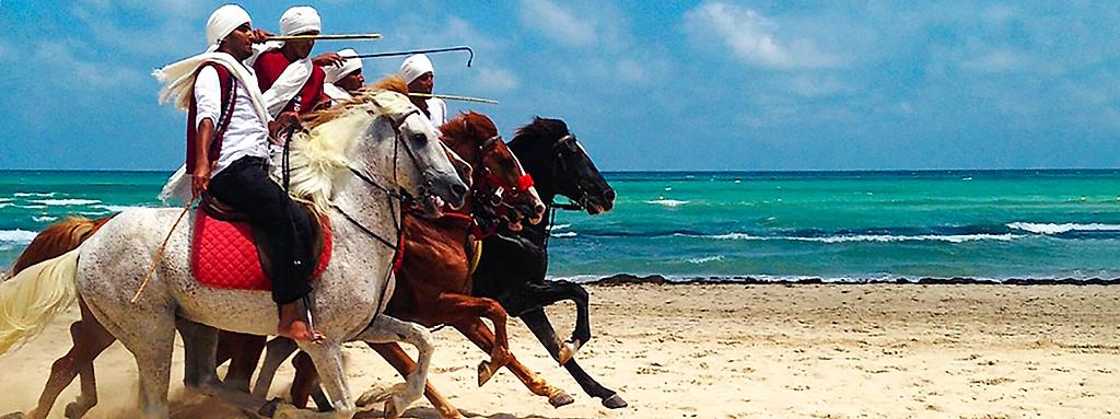 3 Männer reiten auf Pferden am Strand vor dem Meer 