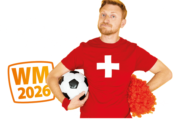 Mann mit T-Schirt in schweizer Flaggenfarben und WM 2026 Icon